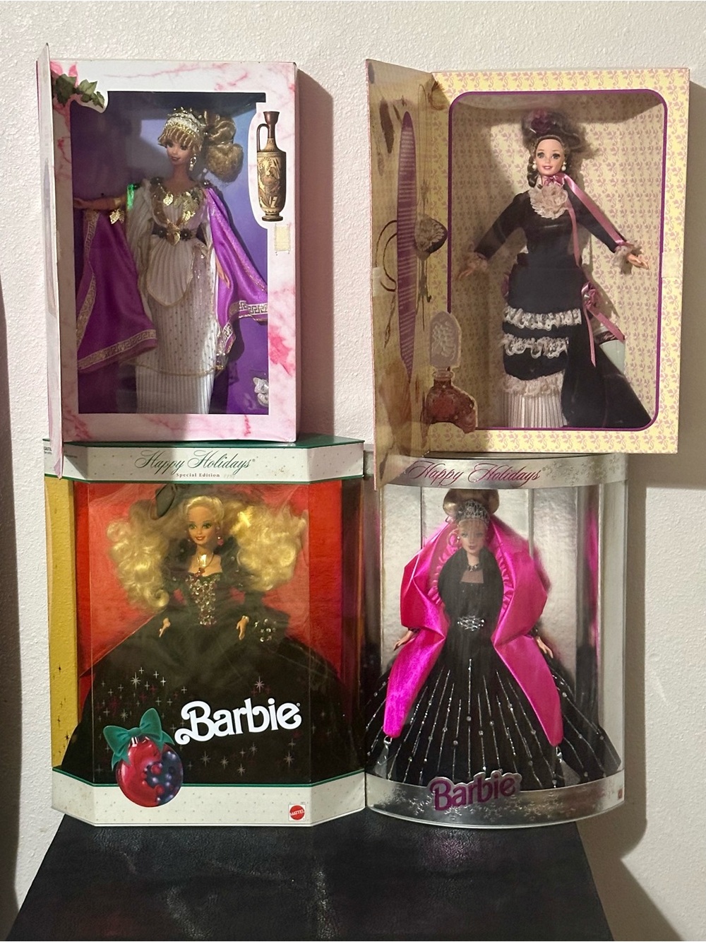 4  New Barbie Collector Holiday Dolls in Black, Pink, Purple and Gold